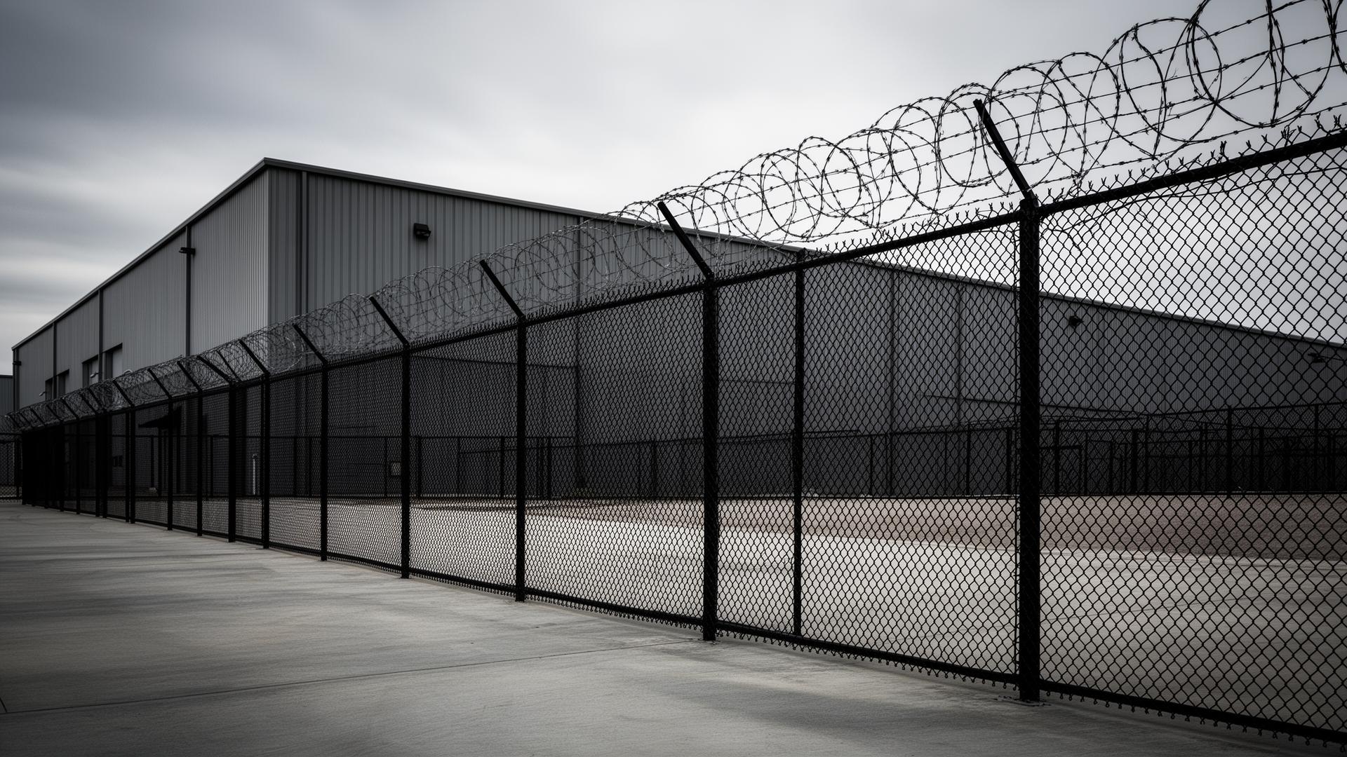 Industrial warehouse secured with tall chain-link fencing